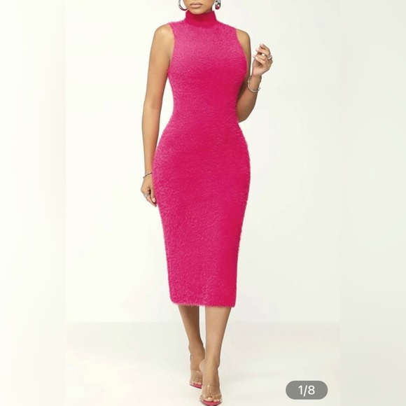 STYLEWE Dresses & Skirts - STYLEWE Barbiecore Fuzzy Sleeveless High Neck Midi Dress Size Small Hot Pink